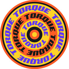 Car motor race motorsport Y2K retro sticker or symbol. Formula 1 motorsport retro vector sticker, rally grand prix tag. Drag race championship Y2K label with torque word colorful typography in circle