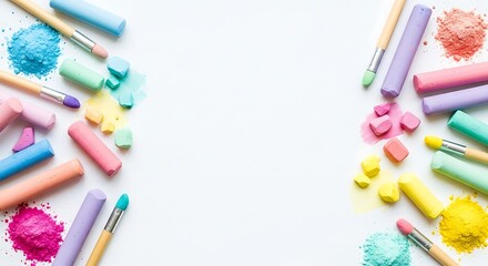 Creative art background with colorful pastel chalks, crushed pigment, and brushes framing a white space for text.