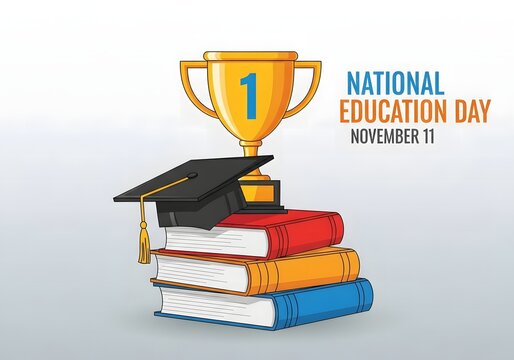 National education day celebration with trophy graduation cap and books