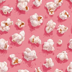 Image of textured popcorn on a pink background, perfect for backgrounds, packaging and desserts, seamless pattern