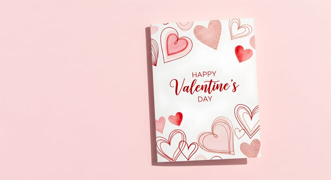 Elegant Happy Valentines Day greeting card with artistic heart designs on a soft pink background a beautiful flat lay showcasing love and romance perfect for festive February celebrations and - Powered by Adobe