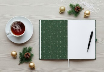 Festive flat lay with an open notebook, pen, hot tea, and Christmas decorations on a wooden table.