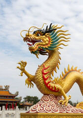 Fototapeta premium Majestic golden dragon statue with intricate scales and vibrant colors under a clear blue sky guarding a traditional Asian temple a powerful cultural symbol of good fortune and strength