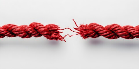 Red rope frayed and almost broken in the middle on white background