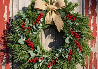 A festive Christmas wreath with red berries, eucalyptus, and a burlap bow hangs on a rustic red wooden wall.