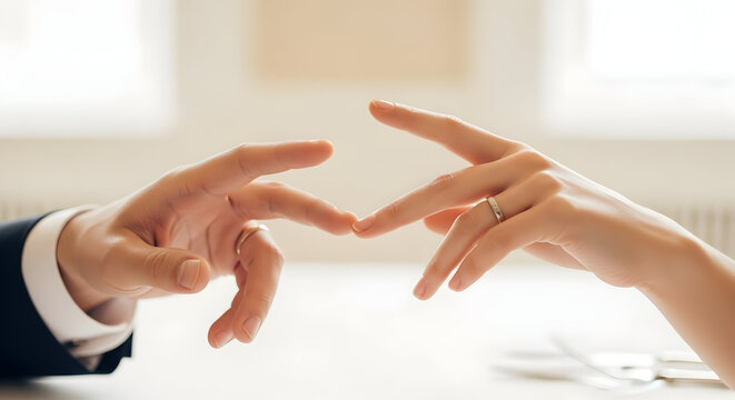 Elegant close up of male and female hands wearing wedding rings gently touching fingertips conveying deep love connection commitment togetherness a symbol of lasting partnership and marital bliss in