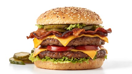 A delicious double cheeseburger with bacon, lettuce, tomato, pickles, and cheese isolated on white background, a mouthwatering treat for burger lovers