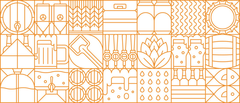 Beer production and brewing process geometric pattern with beer barrel, mug and bottle, hop and grains, brewing equipment and tap handles. Vector linear retro grid background with brewery elements
