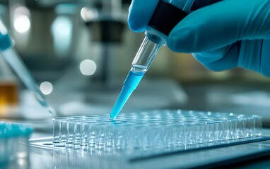 Scientist in blue glove pipetting blue liquid into a multiwell plate in a lab