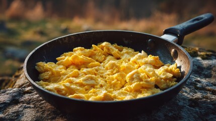 Fresh scrambled eggs cooking in a black frying pan outdoors with golden fluffy texture, rustic side view of hot camping breakfast prepared in nature for outdoor cooking, travel food, and wilderness me