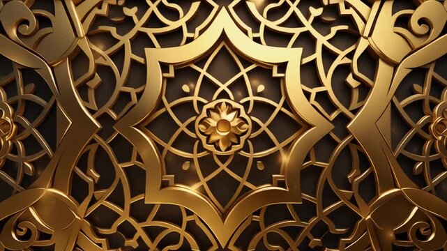 Intricate Islamic background shines with rich golden textures forming elegant arabesque patterns across luxurious decorative surface