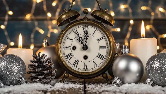 Festive holiday still life with clock and decorations