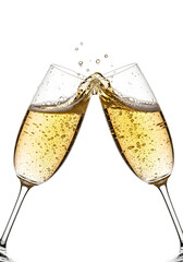 Golden champagne flutes clinking together in a vibrant splash creating a festive atmosphere perfect for celebrating special moments and joyous occasions on a crisp white backdrop