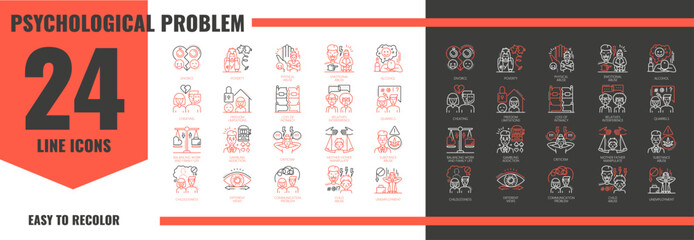 Family psychological problem icons. Vector set of linear signs showing abuse, addiction, unemployment, and relationship issues. Symbols for mental health, counseling, and therapy visual infographics