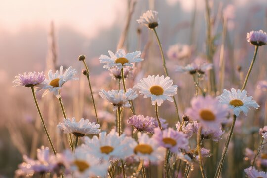 Many white and pink daisies with yellow centers covered in dew drops in soft morning light flowers field
