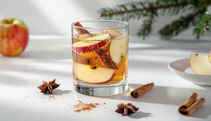 Refreshing glass of homemade apple cider with cinnamon and star anise.