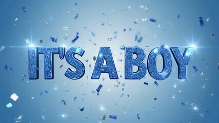 Blue glitter text announces baby boy celebration with shimmering reflections creating a cheerful festive decorative design