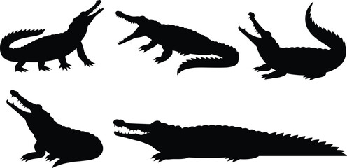 Set of crocodile silhouettes, black alligator vector illustration, dangerous wild reptile collection, isolated predator animals on white background.