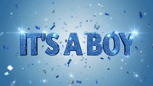 Blue glitter text announces baby boy celebration with shimmering reflections creating a cheerful festive decorative design