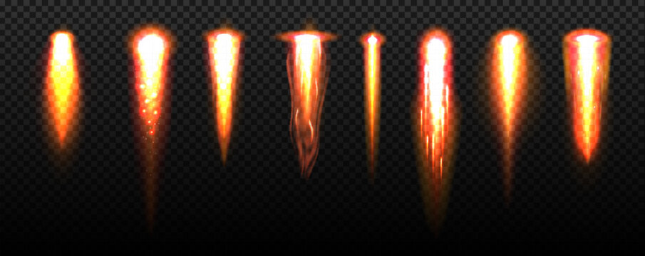 Rocket fire flame trails, flare energy rays and plasma beam explosion, spacecraft startup launch blaze. Isolated 3d vector set of realistic space jet, or shuttle straight, fiery streams, force power