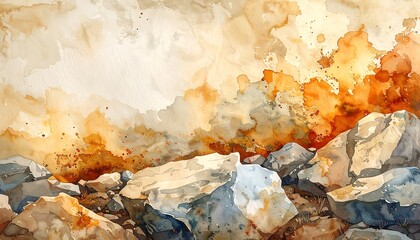 An abstract watercolor painting features a rocky foreground with abstract, flowing, cloudy forms of amber and beige hues filling the upper portion