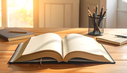 An open book, bathed in sunlight, rests on a wooden desk with other stationary. Behind it, a bright window and a pencil holder