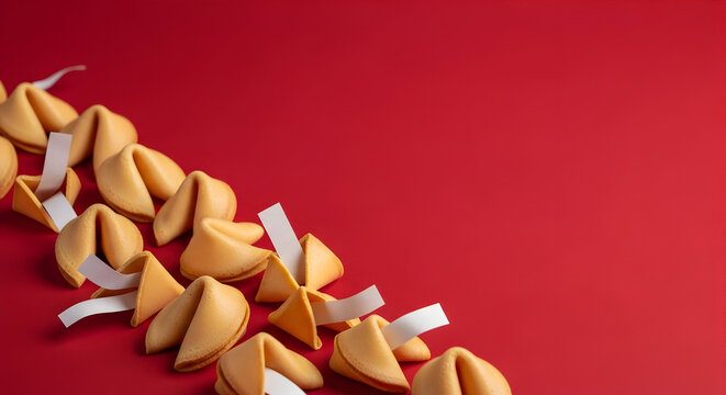 Delicious golden fortune cookies with blank wisdom slips scattered diagonally across a vibrant crimson backdrop symbolizing good luck and sweet predictions for festive occasions and future hopes