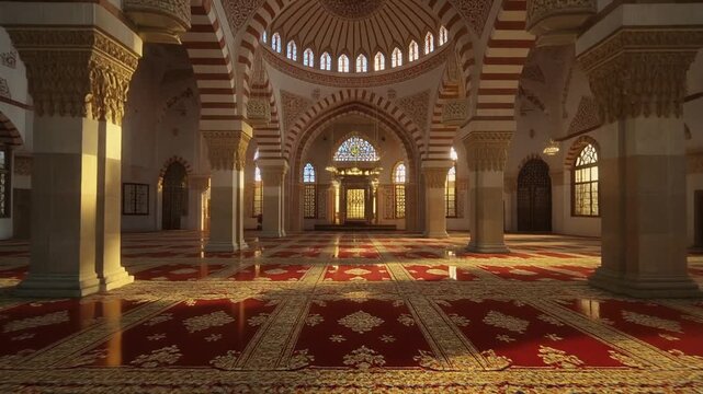 Golden-hour mosque interior glows warmly highlighting symmetrical arches domes and intricate Islamic architectural elements