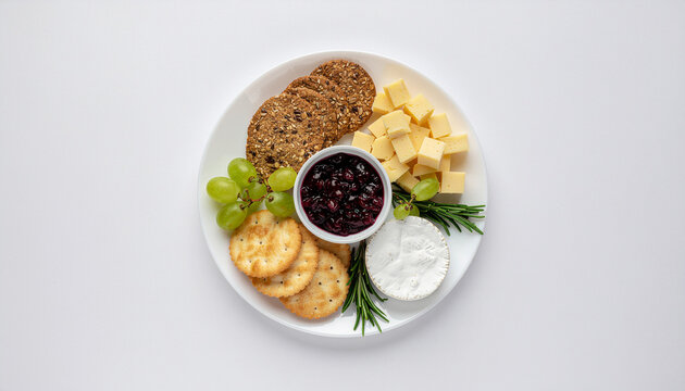 Gourmet cheese platter with crackers grapes and jam on a white plate.