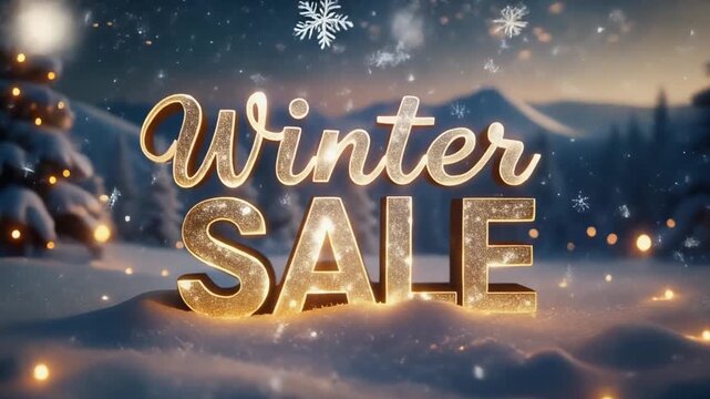 Winter sale text sparkles in elegant glowing style floating gently within magical snowy festive surroundings