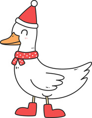 Cute cartoon funny silly goose with Christmas outfit, Duck with Santa hat and red scarf
