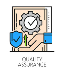 Quality assurance and inspection icon or pictogram. Product quality certification icon, factory regulation color line vector symbol. Regulatory inspection pictogram with document, shield and cogwheel