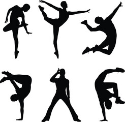 Set of male dancer silhouettes, black isolated figures, athletic men jumping, ballet, hip hop, breakdance, contemporary dance poses.