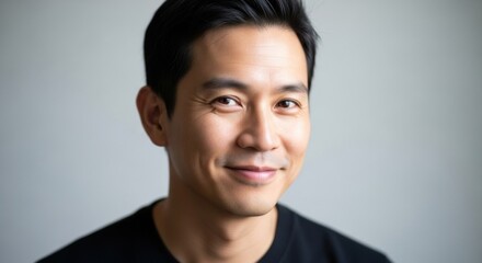 Contemporary portrait of smiling Asian man with confident expression on gray background