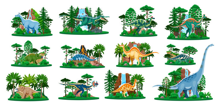Prehistoric dinosaurs, reptiles and lizards with dino animals, cartoon vector characters. Dinosaurs set of Jurassic era, reptiles and lizard species for kids dino encyclopedia or paleontology atlas