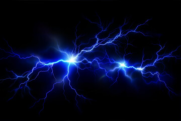 A dramatic display of electric blue lightning strikes against a dark background scene