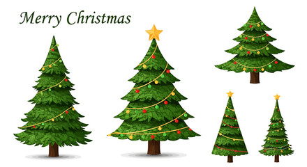 Five Christmas Trees with Lights and Ornaments