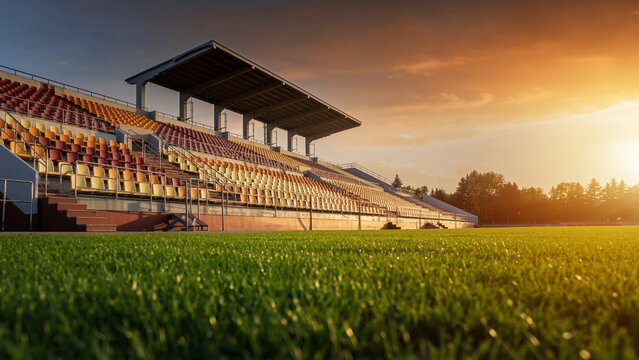 Empty sports stadium with green grass field and colorful seats at sunset, ready for a game. - Powered by Adobe