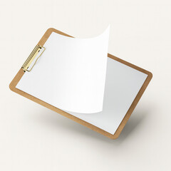 A brown clipboard with a blank white paper page turning over against a plain background.