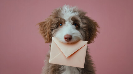 dog holding a envelope, love, Valentine's day, pink background, heart shape, cute pets, happiness, adorable, bright colors, nature, pet photography