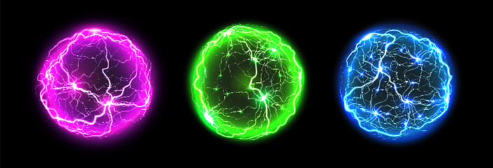 Obraz na płótnie Canvas 3d magic ball plasma spheres with pink, green and blue neon glow and with electric lightning waves inside. Vector orbs feature neon light bursts and sparkling energy discharges for fantasy game
