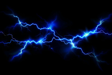 A vivid display of blue lightning strikes against a stark black background showcasing power