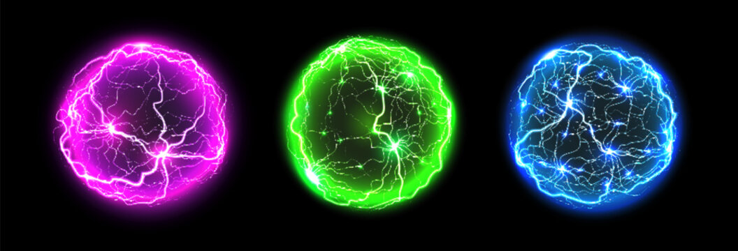 3d magic ball plasma spheres with pink, green and blue neon glow and with electric lightning waves inside. Vector orbs feature neon light bursts and sparkling energy discharges for fantasy game