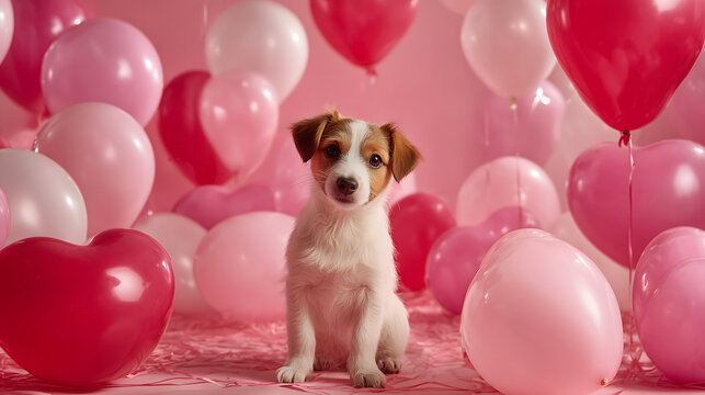 dogs, love, Valentine's day, heart balloons, pink background, heart shape, cute pets, happiness, adorable, joyful, playful, bright colors, pet photography - Powered by Adobe