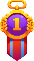 Obraz premium Game medal award icon, victory and achievement trophy with number one, golden laurel wreath and red blue ribbon. Cartoon vector gold rank badge, game asset, representing success or competition victory