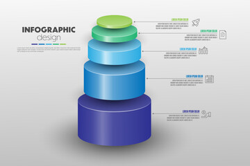 Stacked cylinder infographic timeline presentations and business concept charts with 5 options