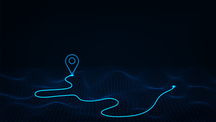 GPS abstract vector pin icon on blue city map with white line connection.