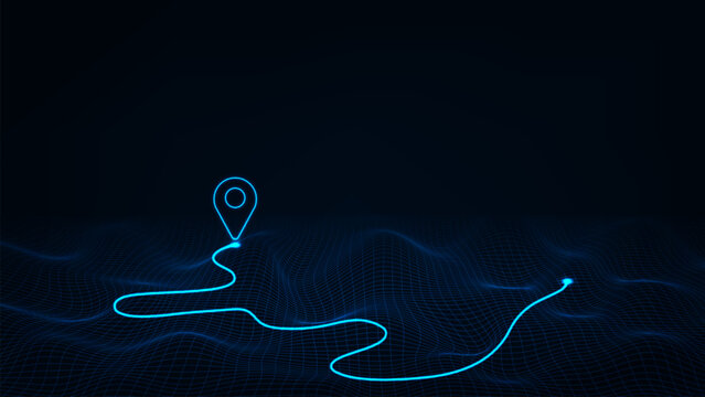 GPS abstract vector pin icon on blue city map with white line connection.