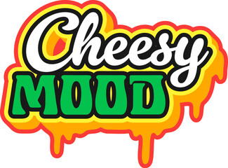 Fototapeta premium Fast food cheesy mood retro Y2K sticker or tag. Takeout menu Y2K vector tag, fast food restaurant funky patch. Takeaway cafe sticker or label with melting and dripping cheese, colorful typography