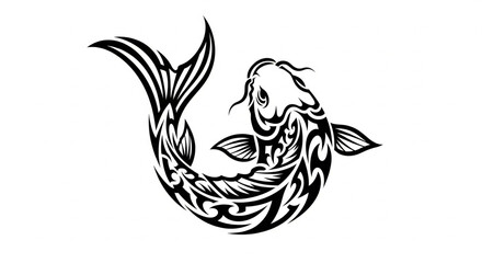 Obraz premium Intricate Tribal Fish Art with Flowing Lines, a Symbol of Grace and Resilience, rendered in a striking black and white vector illustration